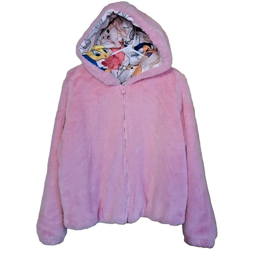 Looney Tunes Members Only Jacket Women's Sz Lg Pink Faux Fur Reversible Pre-own